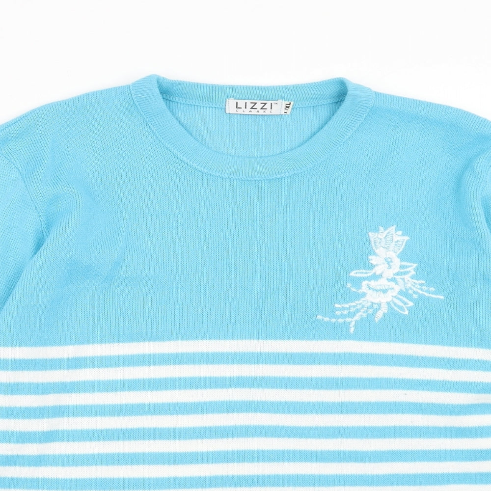 Lizzi Womens Blue Round Neck Striped Acrylic Pullover Jumper Size L - Size L/XL