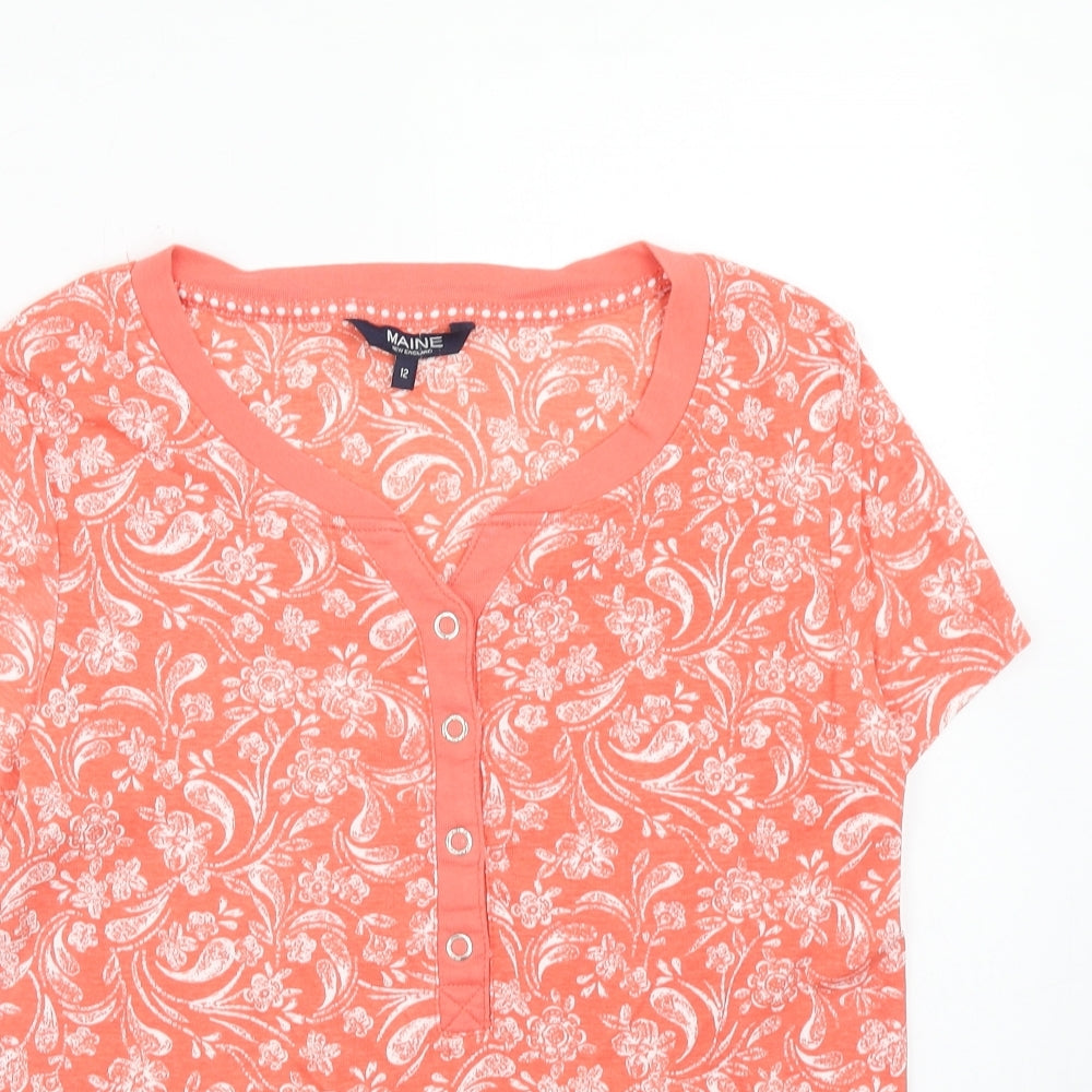 Maine Womens Pink Geometric Cotton Basic T-Shirt Size 12 V-Neck