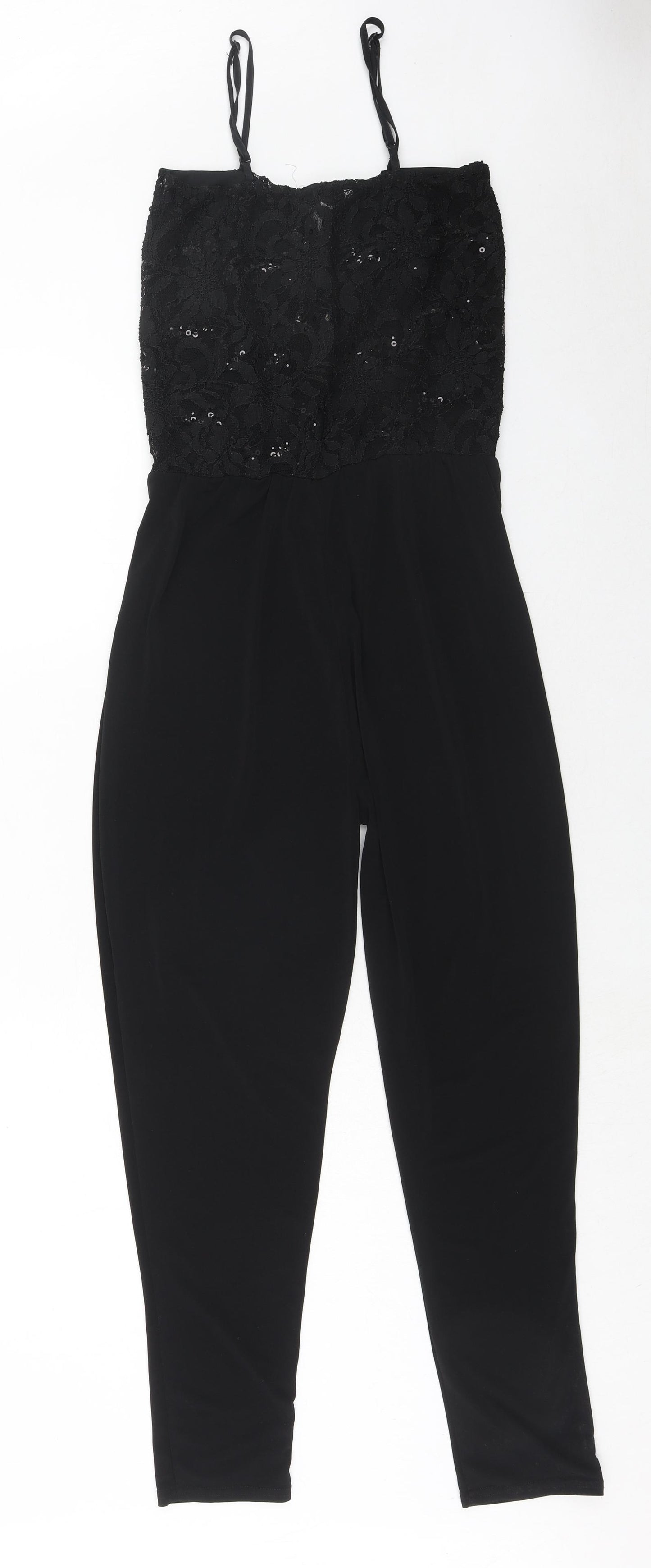 Signature Womens Black Polyester Jumpsuit One-Piece Size S Pullover - Lace Top