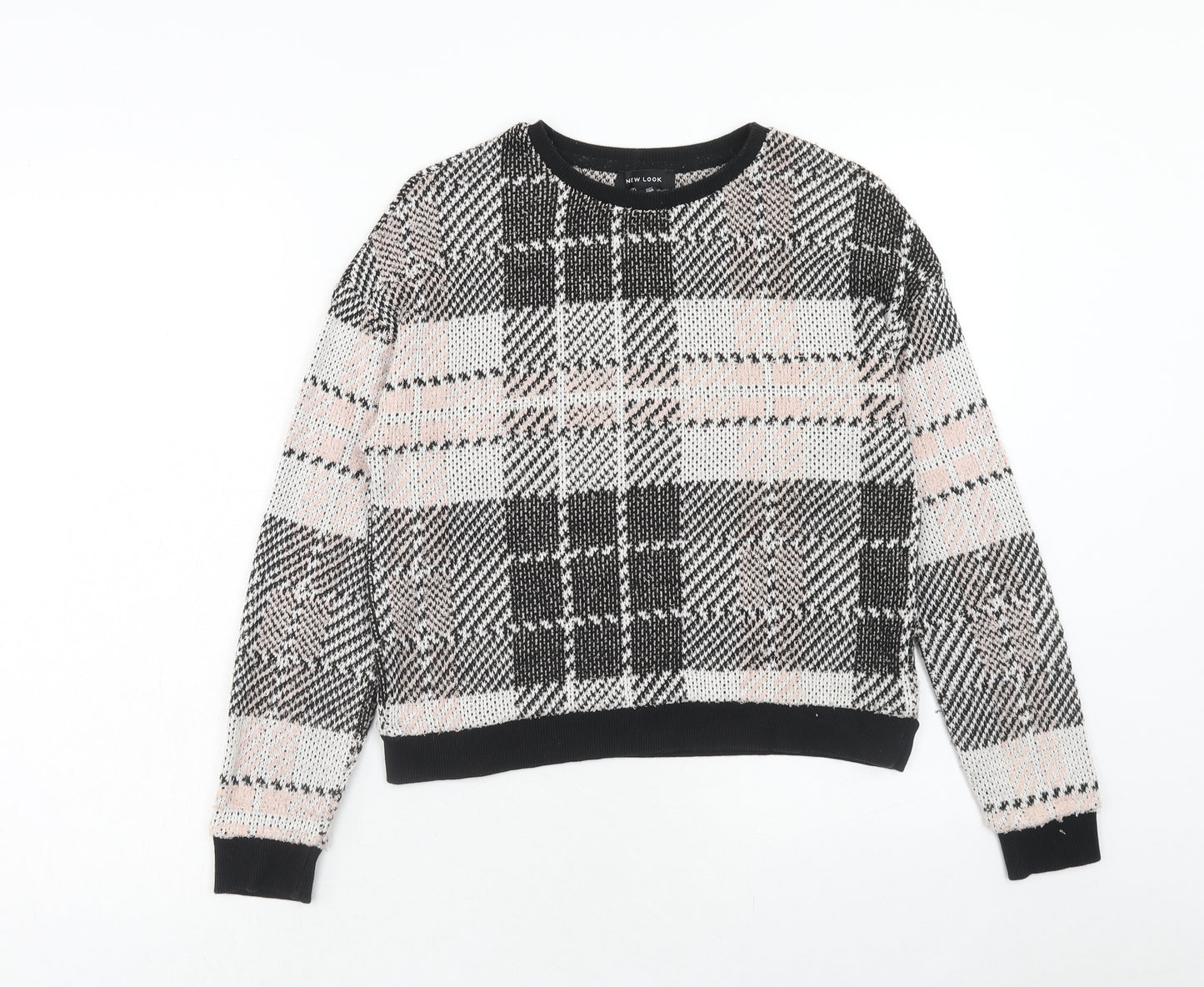 New Look Womens Pink Round Neck Plaid Acrylic Pullover Jumper Size S