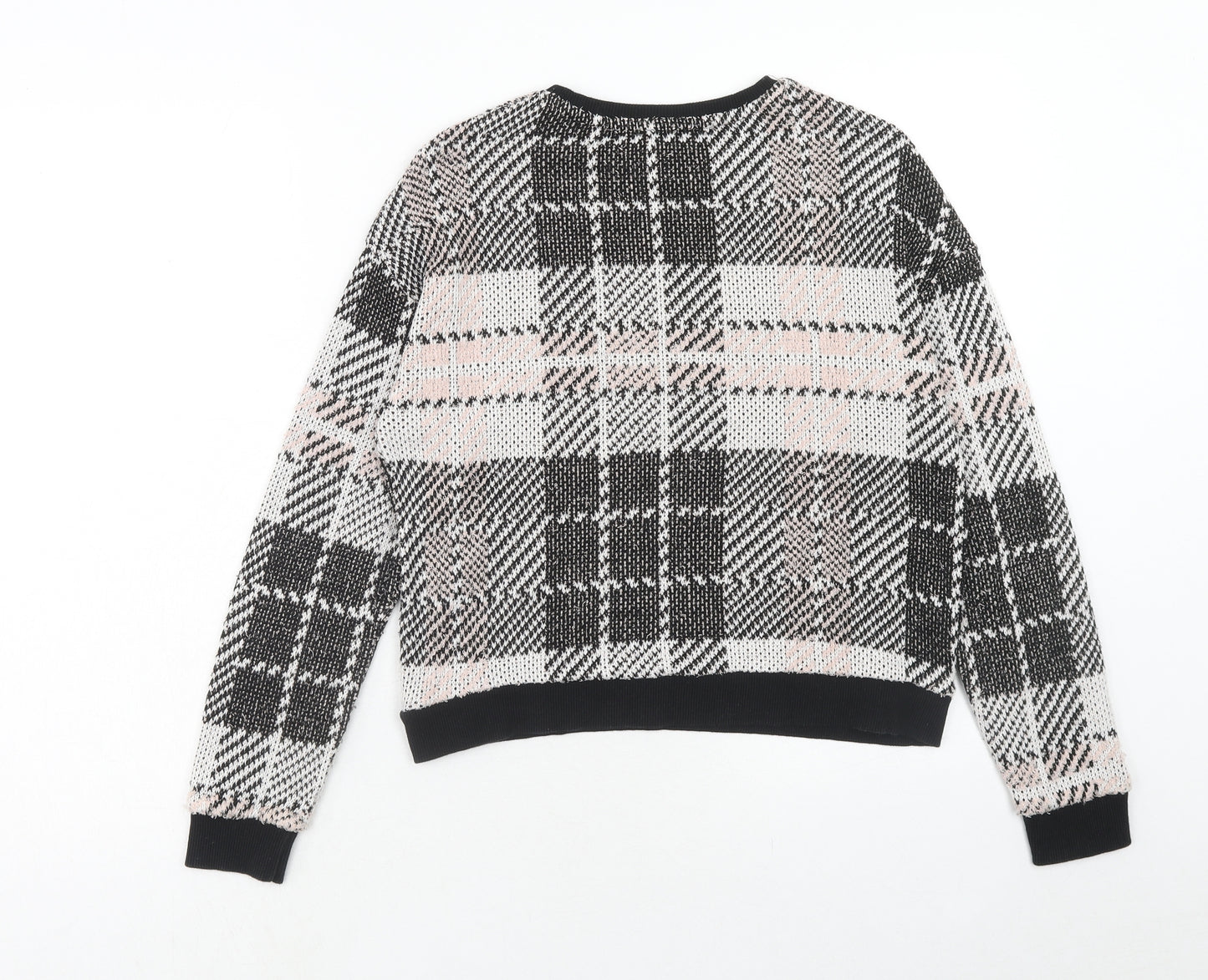New Look Womens Pink Round Neck Plaid Acrylic Pullover Jumper Size S