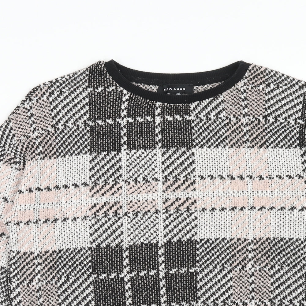 New Look Womens Pink Round Neck Plaid Acrylic Pullover Jumper Size S