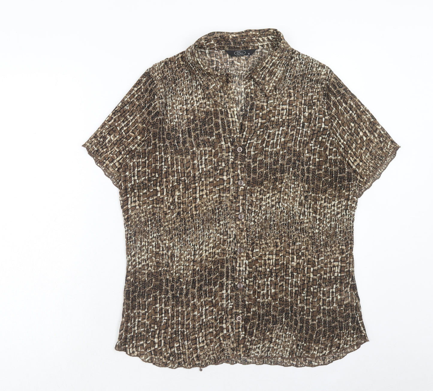 Bonmarché Womens Brown Geometric Polyester Basic Button-Up Size 16 Collared