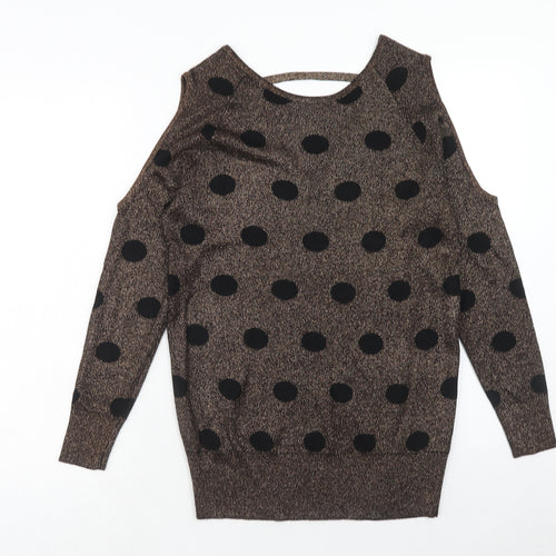 Papaya Womens Brown Round Neck Polka Dot Viscose Pullover Jumper Size 10 - Cold Shoulder