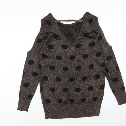Papaya Womens Brown Round Neck Polka Dot Viscose Pullover Jumper Size 10 - Cold Shoulder