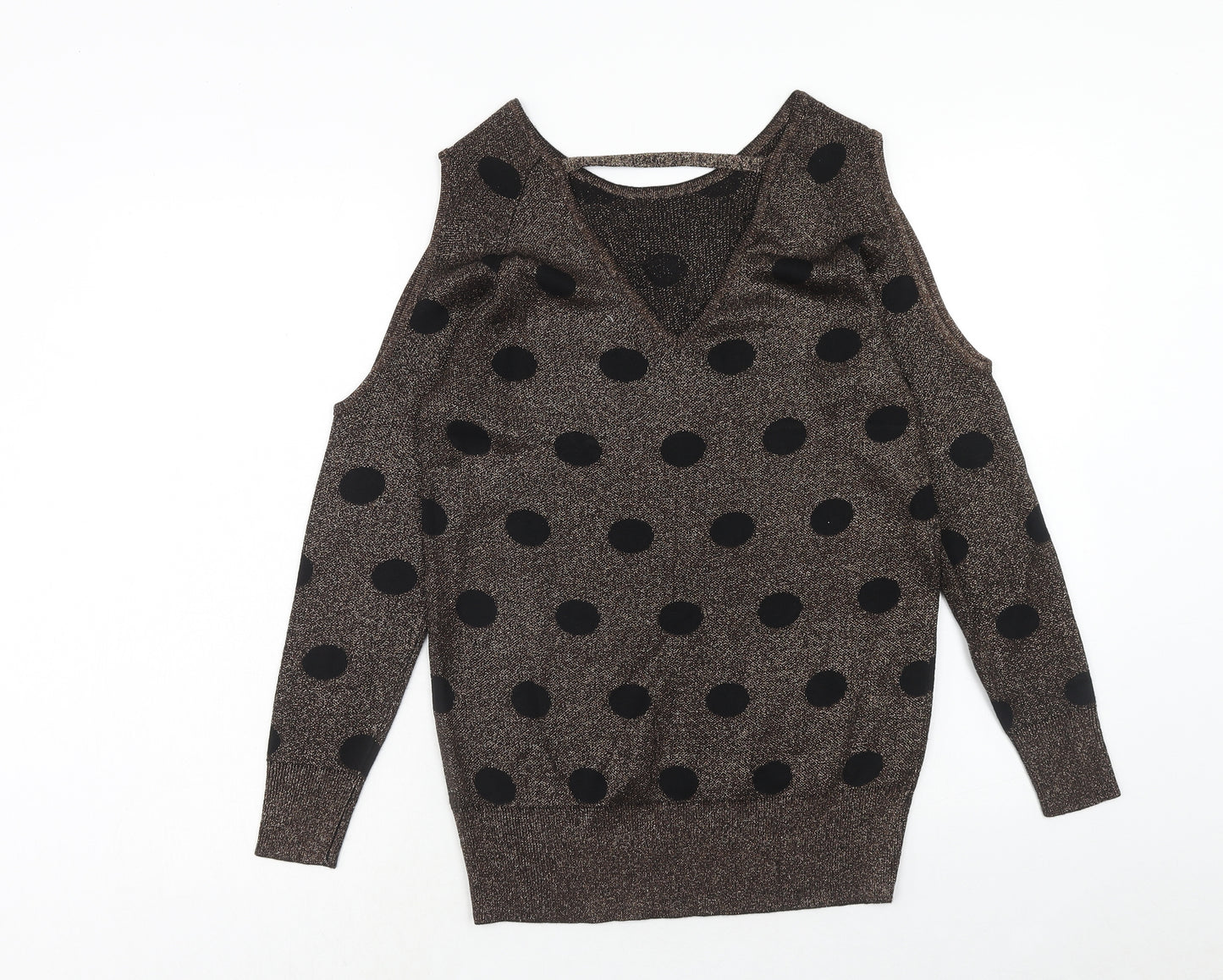 Papaya Womens Brown Round Neck Polka Dot Viscose Pullover Jumper Size 10 - Cold Shoulder