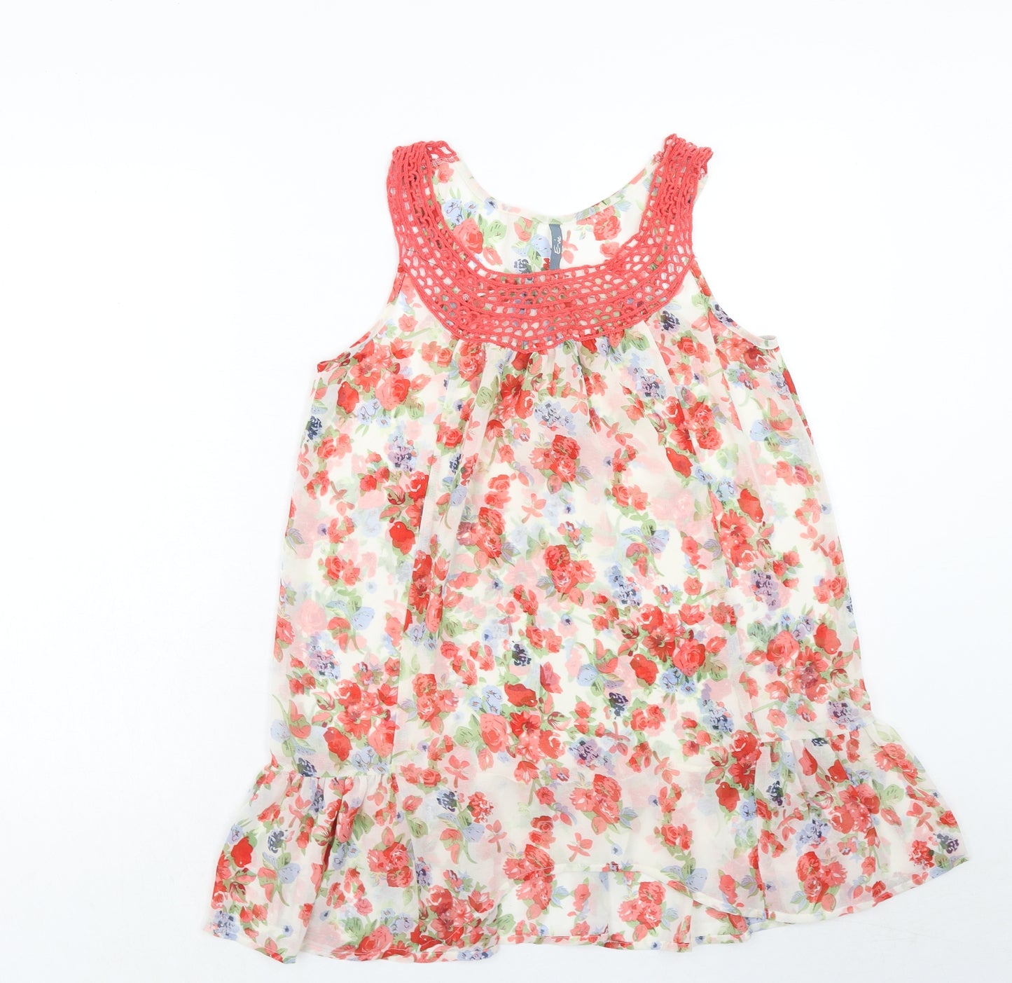 Peacocks Womens Red Floral Polyester Basic Blouse Size 12 Round Neck - Crochet Neckline