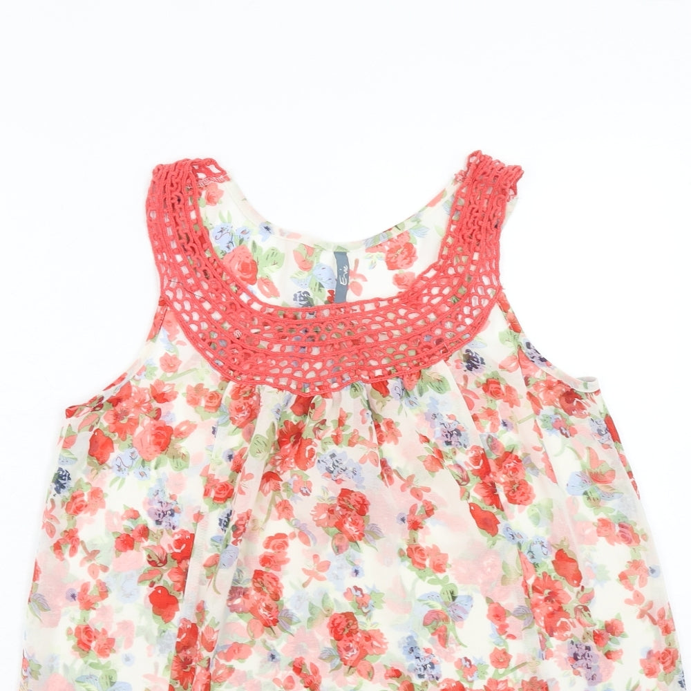 Peacocks Womens Red Floral Polyester Basic Blouse Size 12 Round Neck - Crochet Neckline