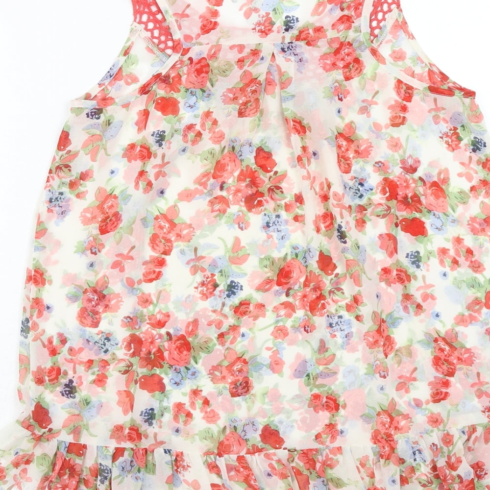 Peacocks Womens Red Floral Polyester Basic Blouse Size 12 Round Neck - Crochet Neckline