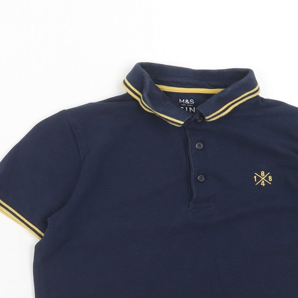 Marks and Spencer Boys Blue Cotton Basic Polo Size 6-7 Years Collared Button