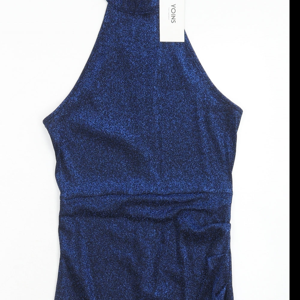 Yoins Womens Blue Nylon Bodycon Size 12 Halter Zip