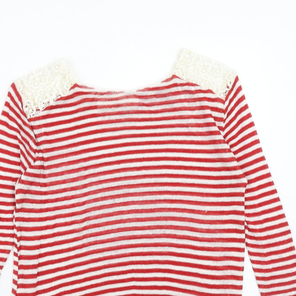 Zara Womens Red Round Neck Striped Linen Pullover Jumper Size S