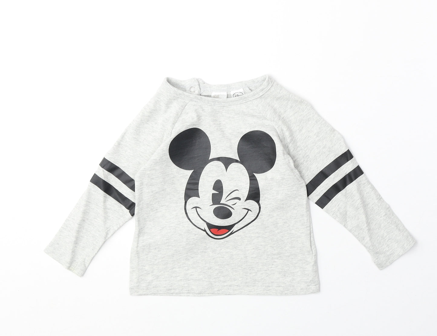 H&M Boys Grey Cotton Basic T-Shirt Size 9-12 Months Round Neck Snap - Mickey Mouse