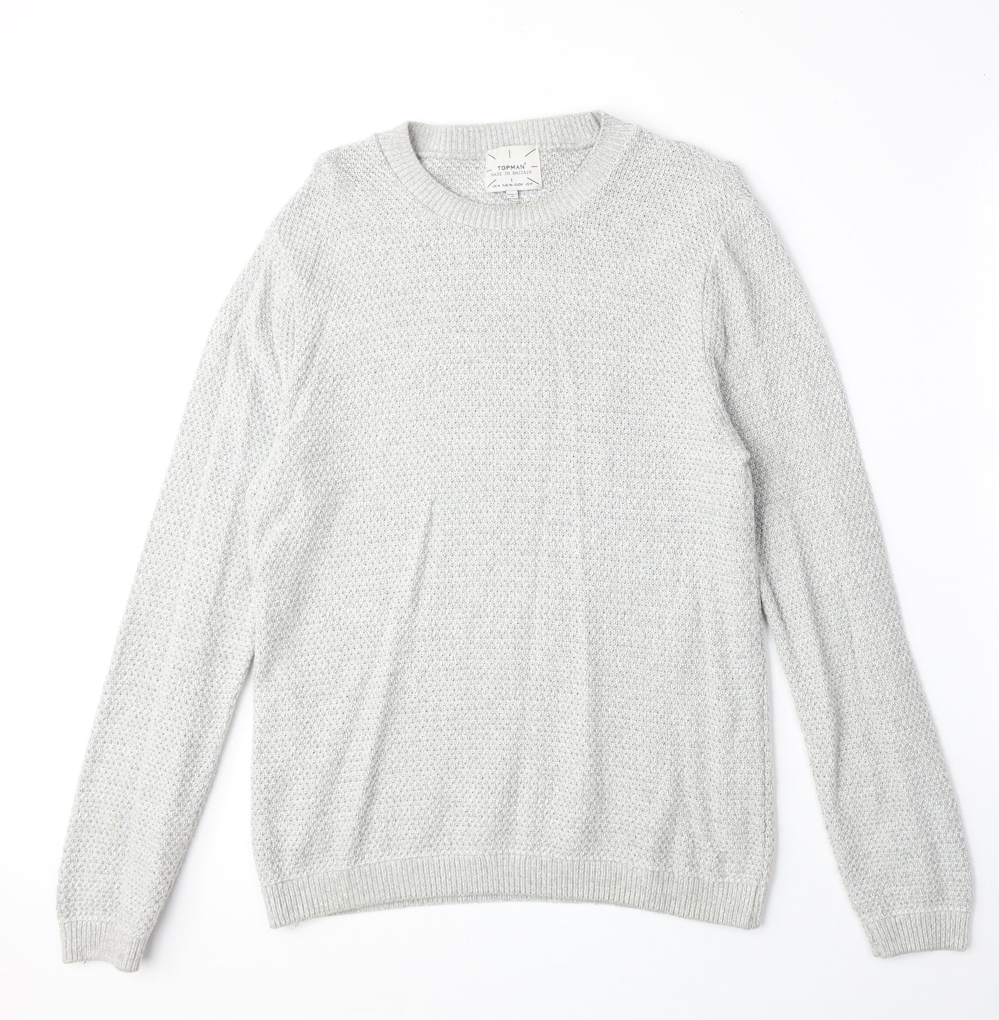 Topshop Mens Grey Round Neck Cotton Pullover Jumper Size M Long Sleeve