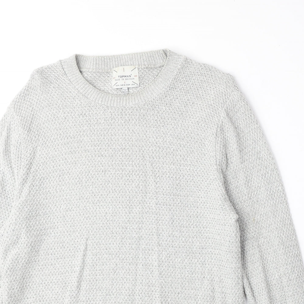 Topshop Mens Grey Round Neck Cotton Pullover Jumper Size M Long Sleeve
