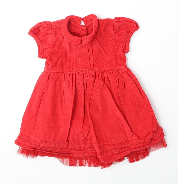 Marks and Spencer Girls Red Cotton A-Line Size 6-9 Months Collared Button