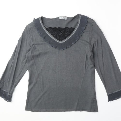 Marks and Spencer Womens Grey V-Neck Viscose Pullover Jumper Size 14 - Lace Detail