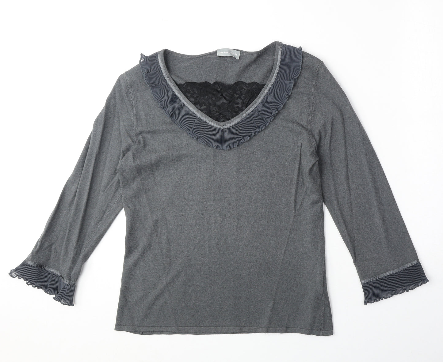 Marks and Spencer Womens Grey V-Neck Viscose Pullover Jumper Size 14 - Lace Detail