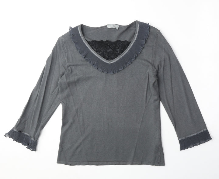 Marks and Spencer Womens Grey V-Neck Viscose Pullover Jumper Size 14 - Lace Detail