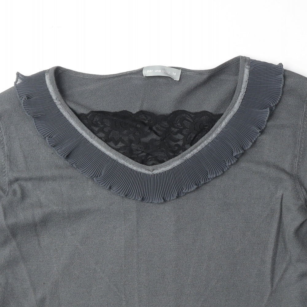 Marks and Spencer Womens Grey V-Neck Viscose Pullover Jumper Size 14 - Lace Detail