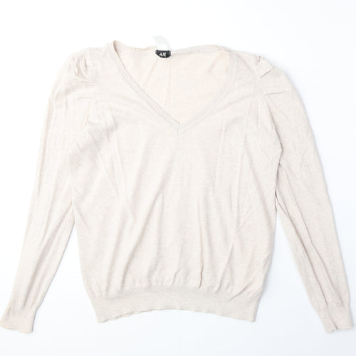 H&M Womens Beige V-Neck Cotton Pullover Jumper Size L