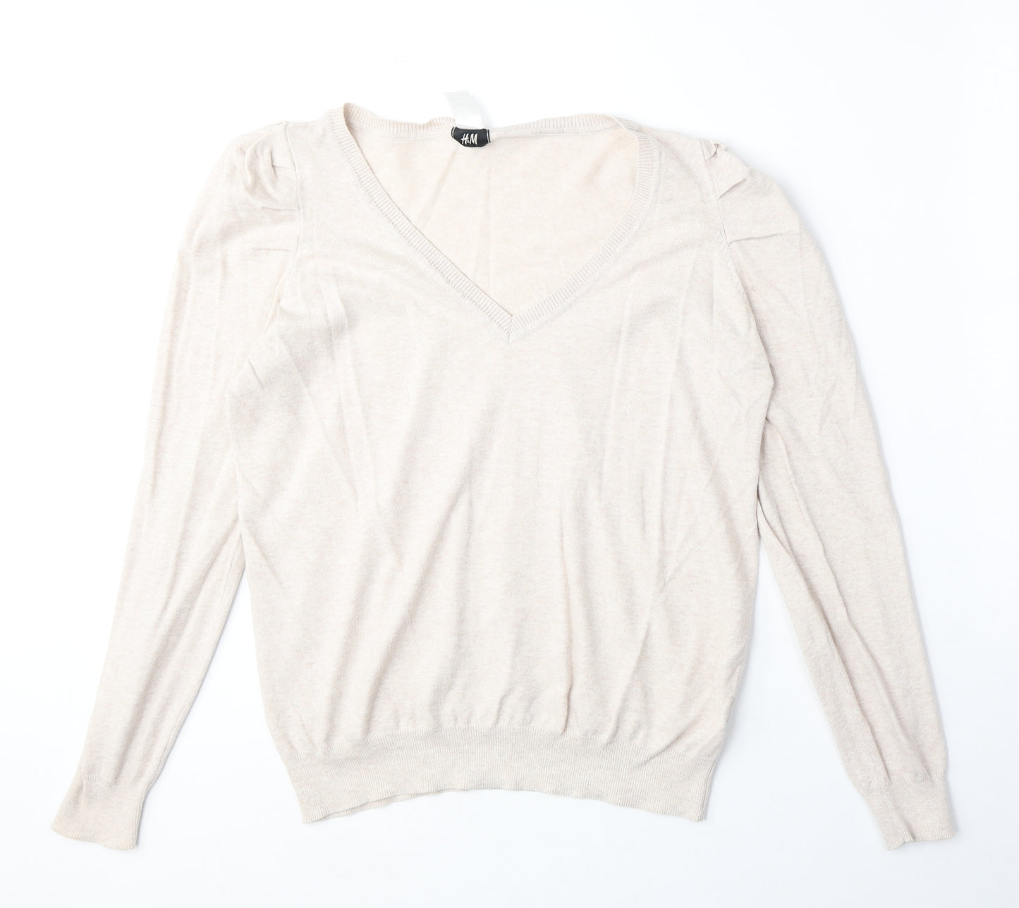 H&M Womens Beige V-Neck Cotton Pullover Jumper Size L