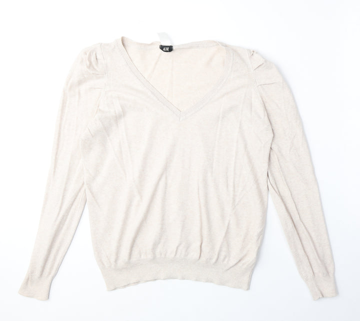 H&M Womens Beige V-Neck Cotton Pullover Jumper Size L