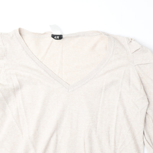 H&M Womens Beige V-Neck Cotton Pullover Jumper Size L