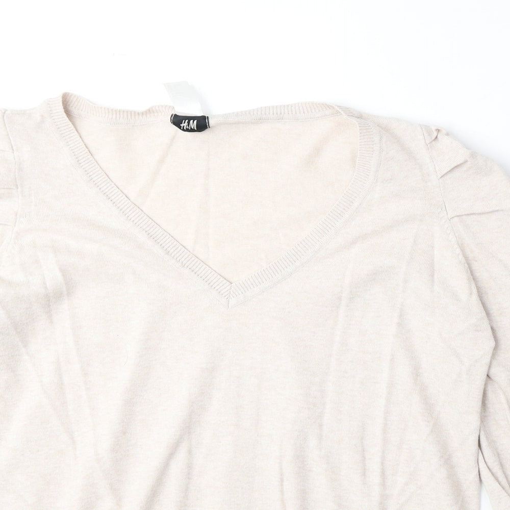 H&M Womens Beige V-Neck Cotton Pullover Jumper Size L