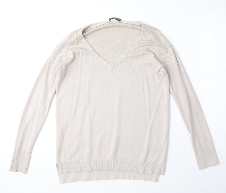 Oasis Womens Beige V-Neck Acrylic Pullover Jumper Size S