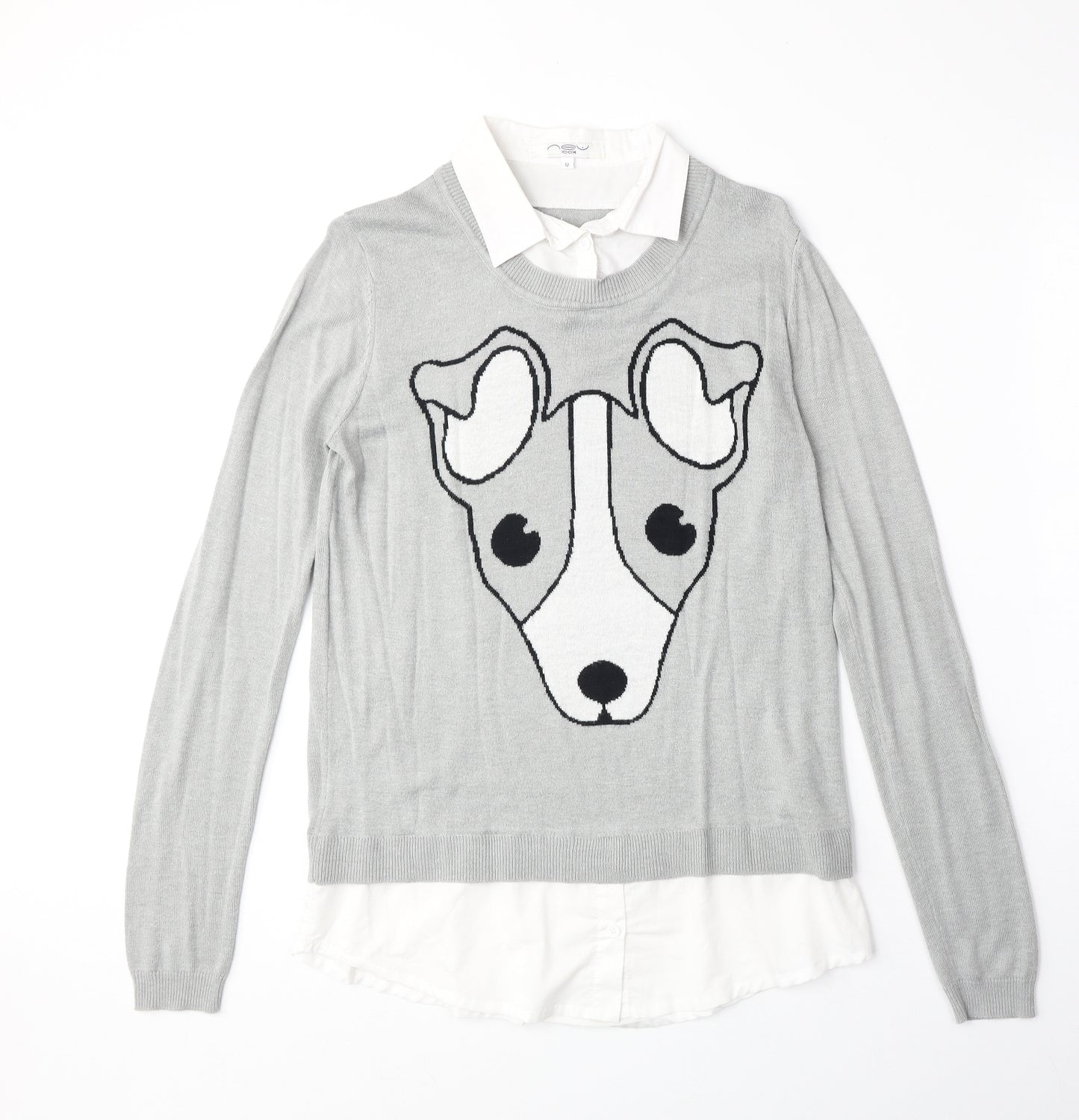 New Look Womens Grey Collared Acrylic Pullover Jumper Size 12 - Dog