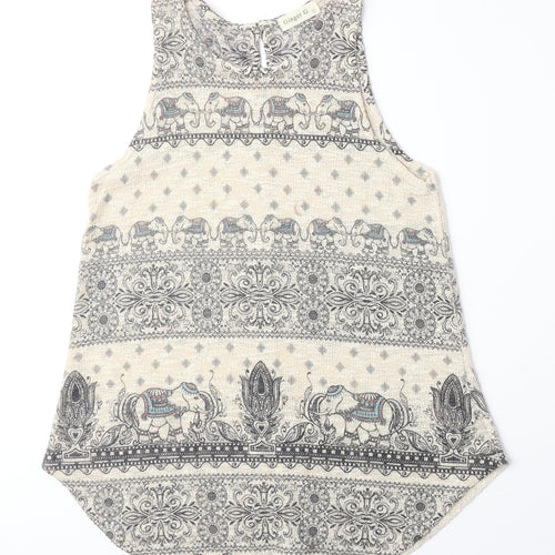 Ginger G Womens Beige Geometric Acrylic Basic Tank Size S Boat Neck - Elephant Print