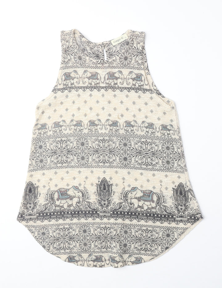 Ginger G Womens Beige Geometric Acrylic Basic Tank Size S Boat Neck - Elephant Print