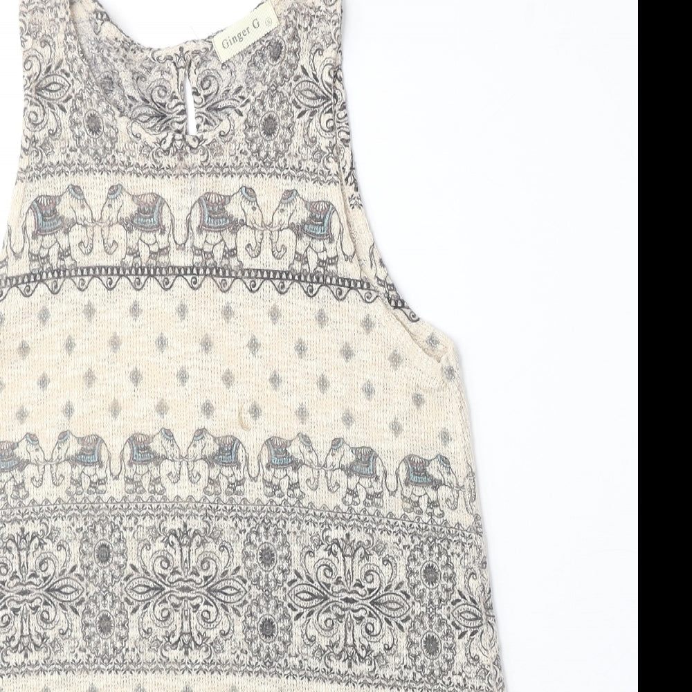 Ginger G Womens Beige Geometric Acrylic Basic Tank Size S Boat Neck - Elephant Print