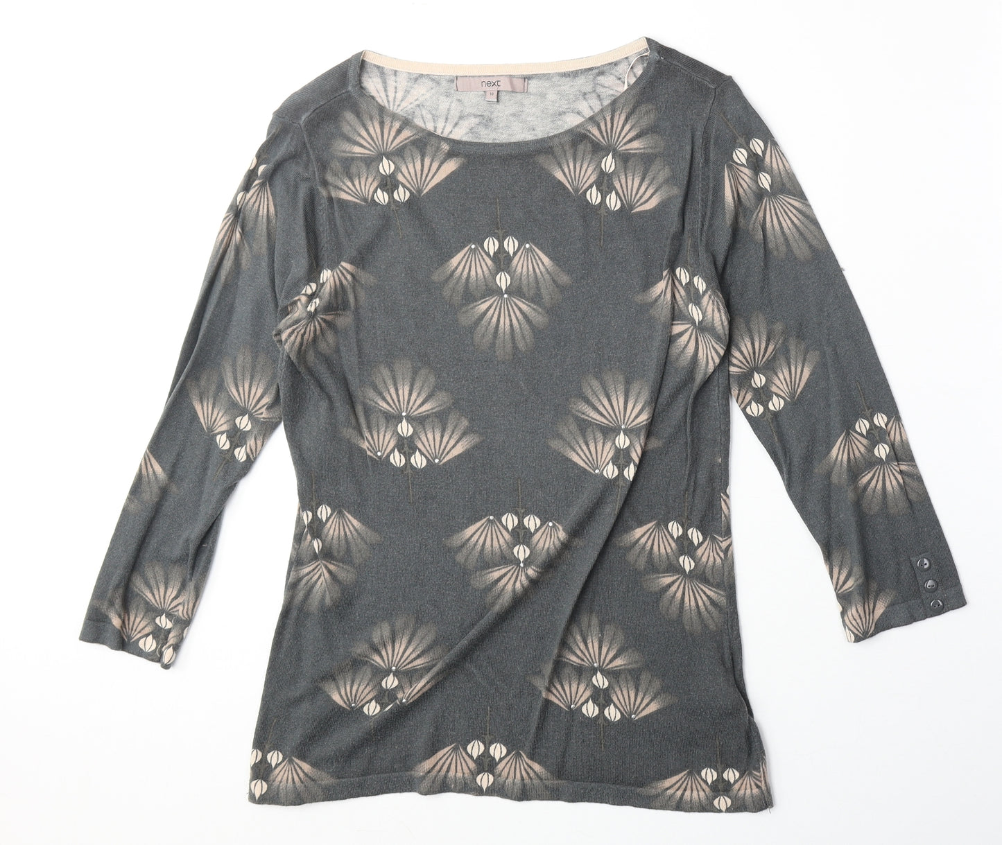 NEXT Womens Grey Geometric Cotton Basic Blouse Size 10 Boat Neck