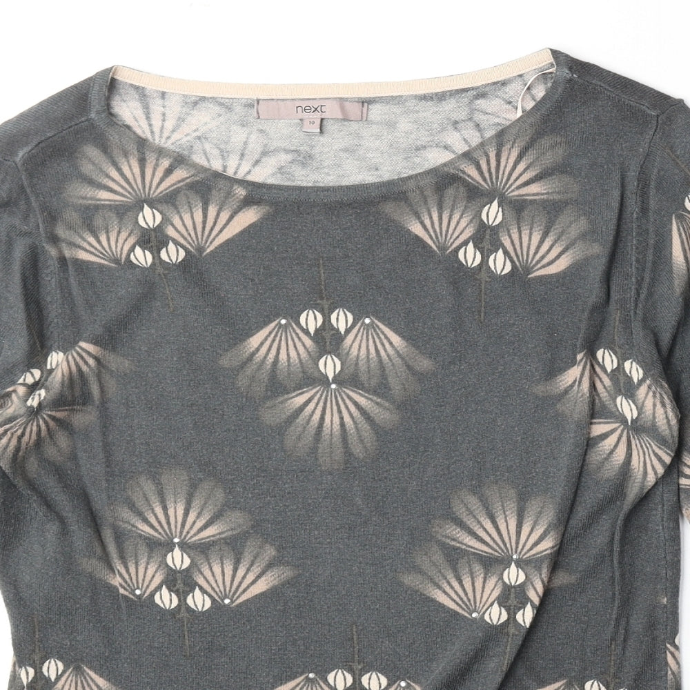 NEXT Womens Grey Geometric Cotton Basic Blouse Size 10 Boat Neck