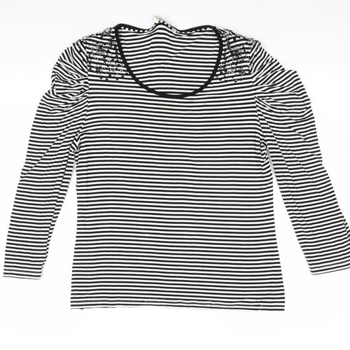CC Womens Black Striped Viscose Basic T-Shirt Size L Round Neck