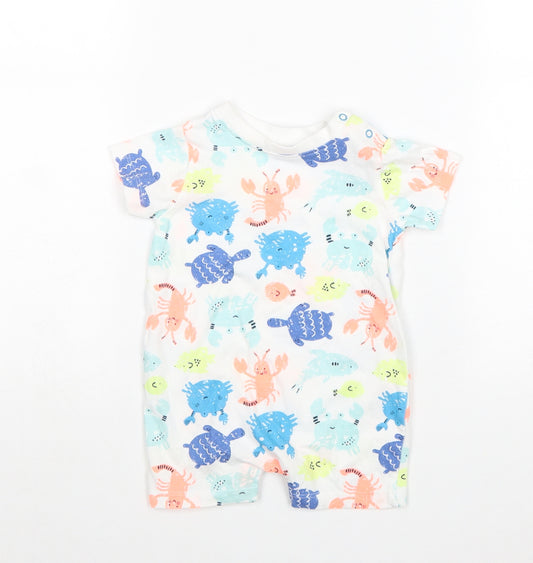 Lullaby Boys White Geometric 100% Cotton Romper One-Piece Size 0-3 Months Snap - Beach animals