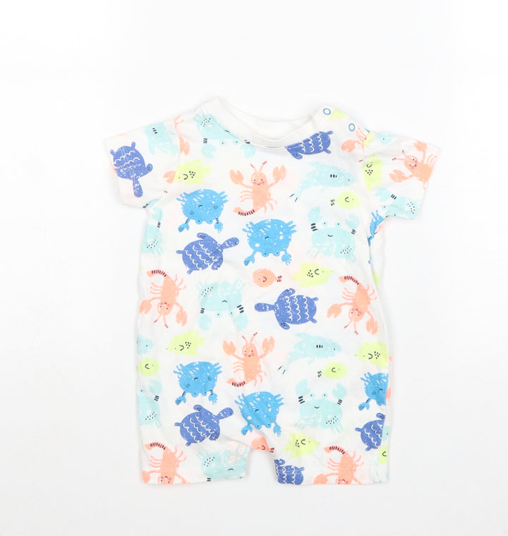 Lullaby Boys White Geometric 100% Cotton Romper One-Piece Size 0-3 Months Snap - Beach animals
