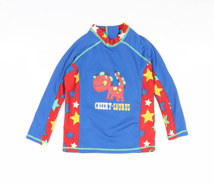 Marks and Spencer Boys Blue Geometric Polyamide Basic Blouse Size 12-18 Months Round Neck Zip - Dinosaur and Stars, Swim top