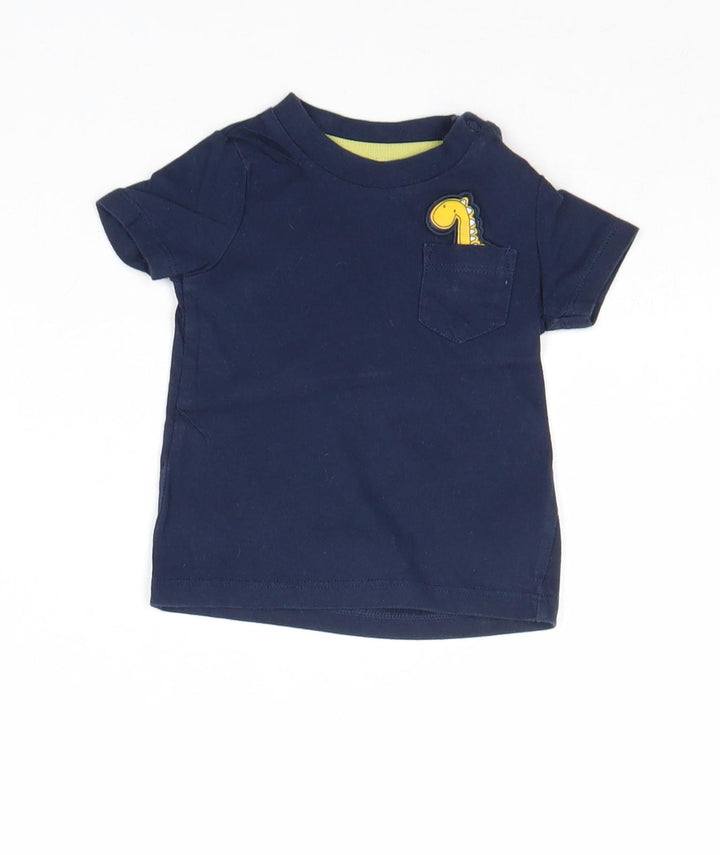 F&F Boys Blue 100% Cotton Basic T-Shirt Size 0-3 Months Round Neck Snap - Dinosaur
