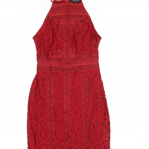 Topshop Womens Red Geometric Cotton Bodycon Size 4 Square Neck Zip