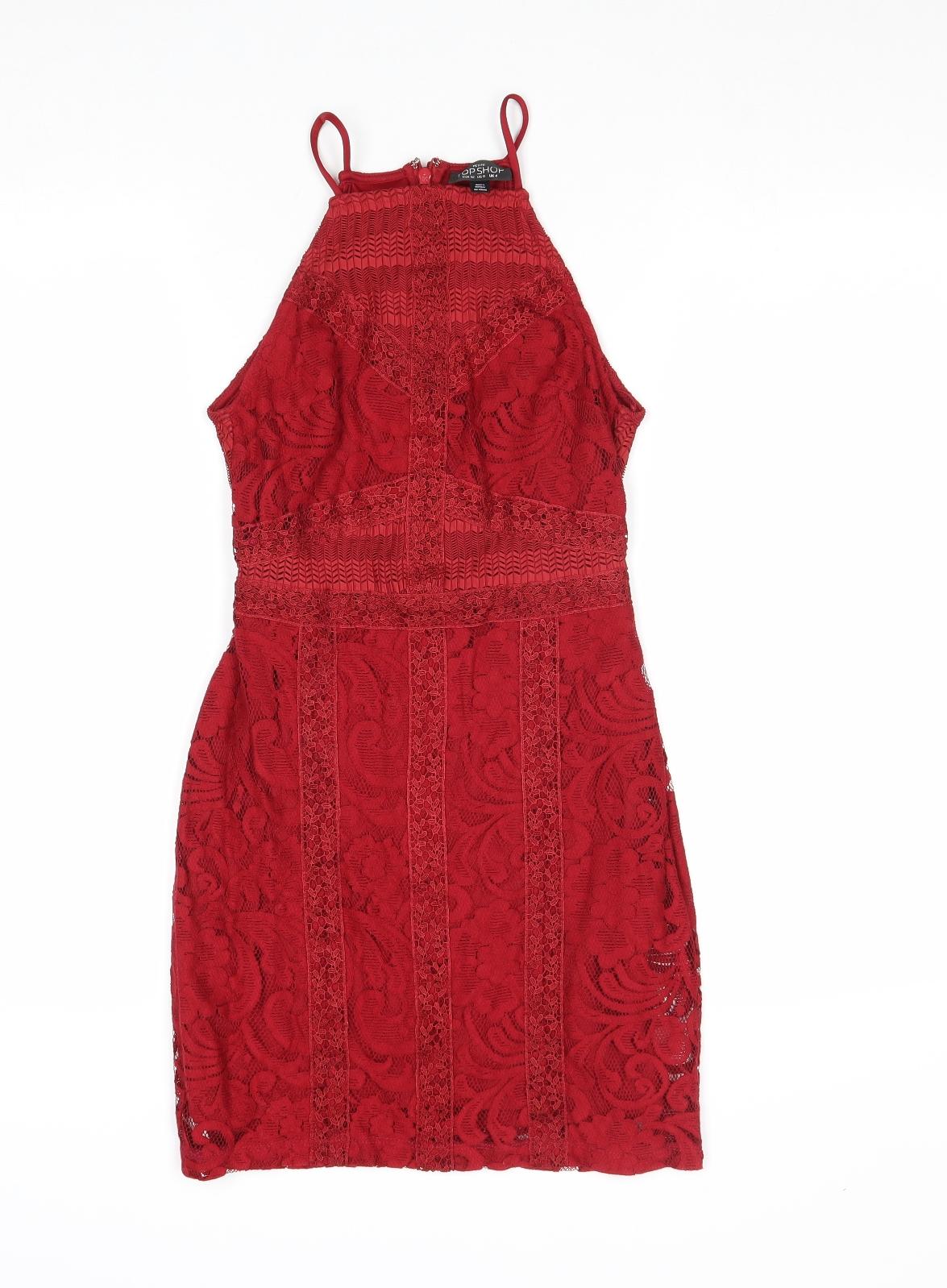 Topshop Womens Red Geometric Cotton Bodycon Size 4 Square Neck Zip