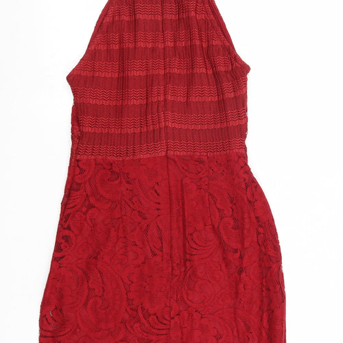 Topshop Womens Red Geometric Cotton Bodycon Size 4 Square Neck Zip
