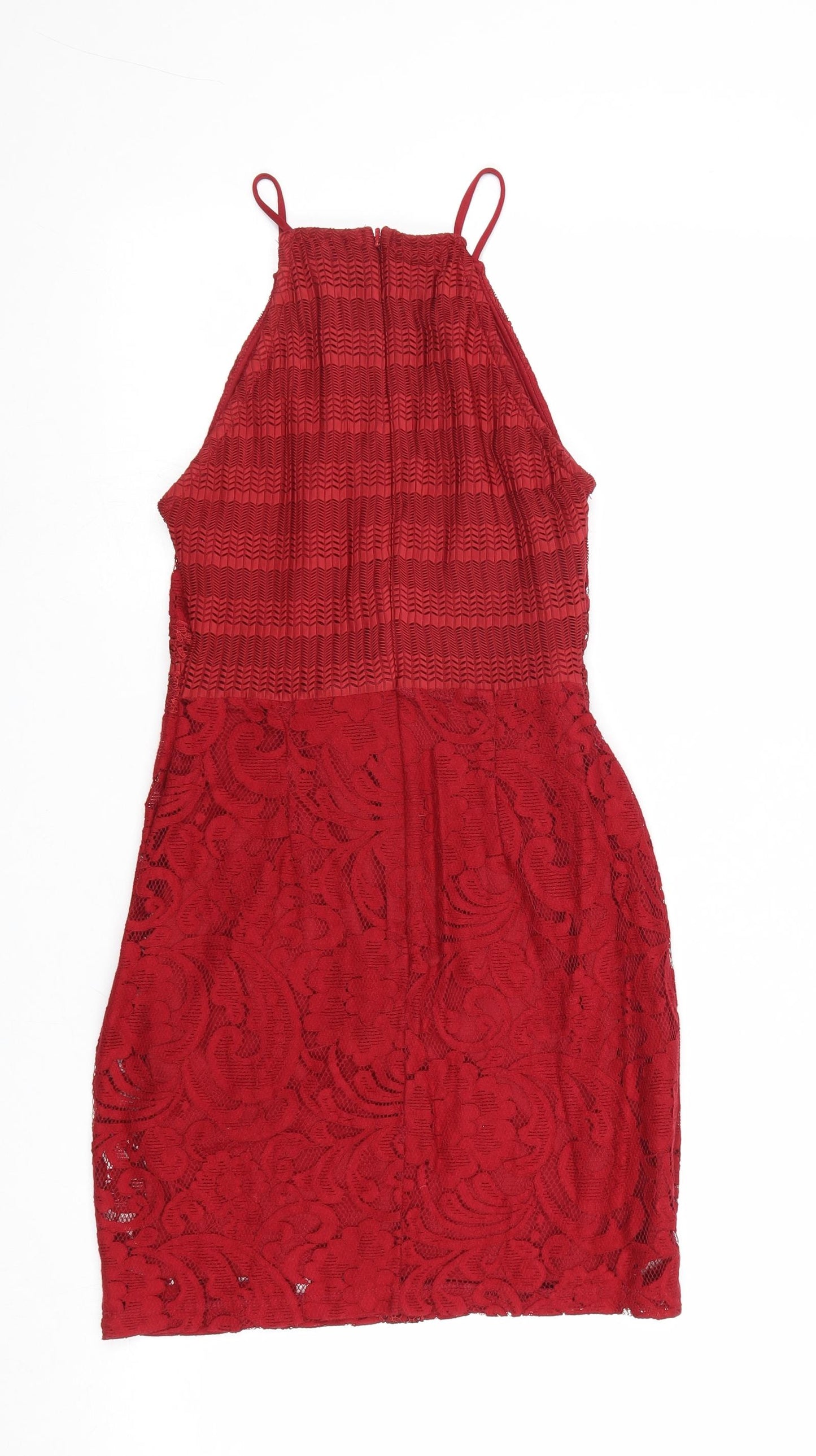 Topshop Womens Red Geometric Cotton Bodycon Size 4 Square Neck Zip