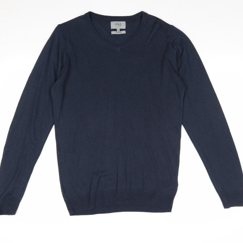 Marks and Spencer Womens Blue V-Neck Acrylic Pullover Jumper Size S