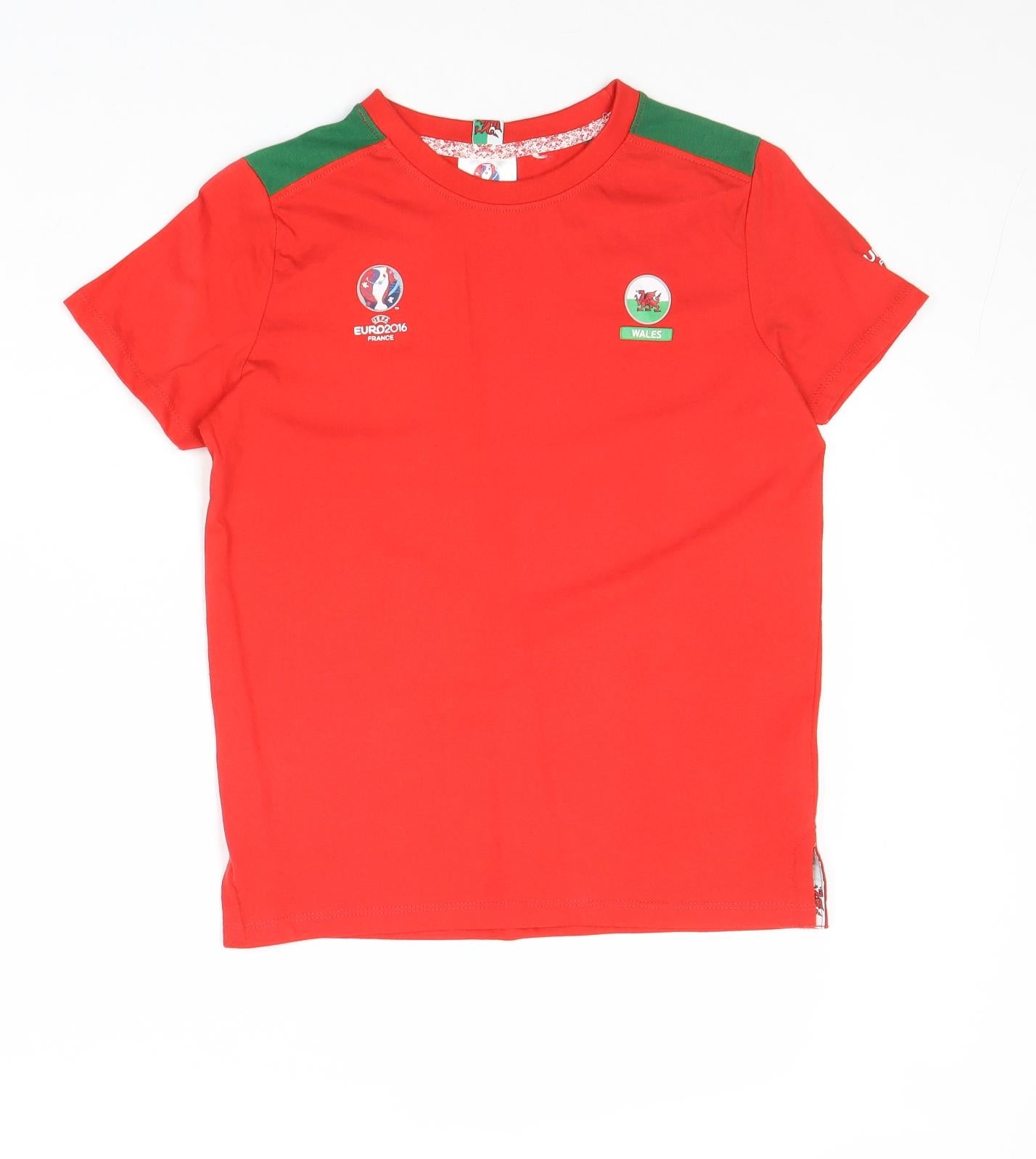 Uefa Boys Red Herringbone 100% Cotton Basic T-Shirt Size 7-8 Years Round Neck Pullover - Wales Euro 2016