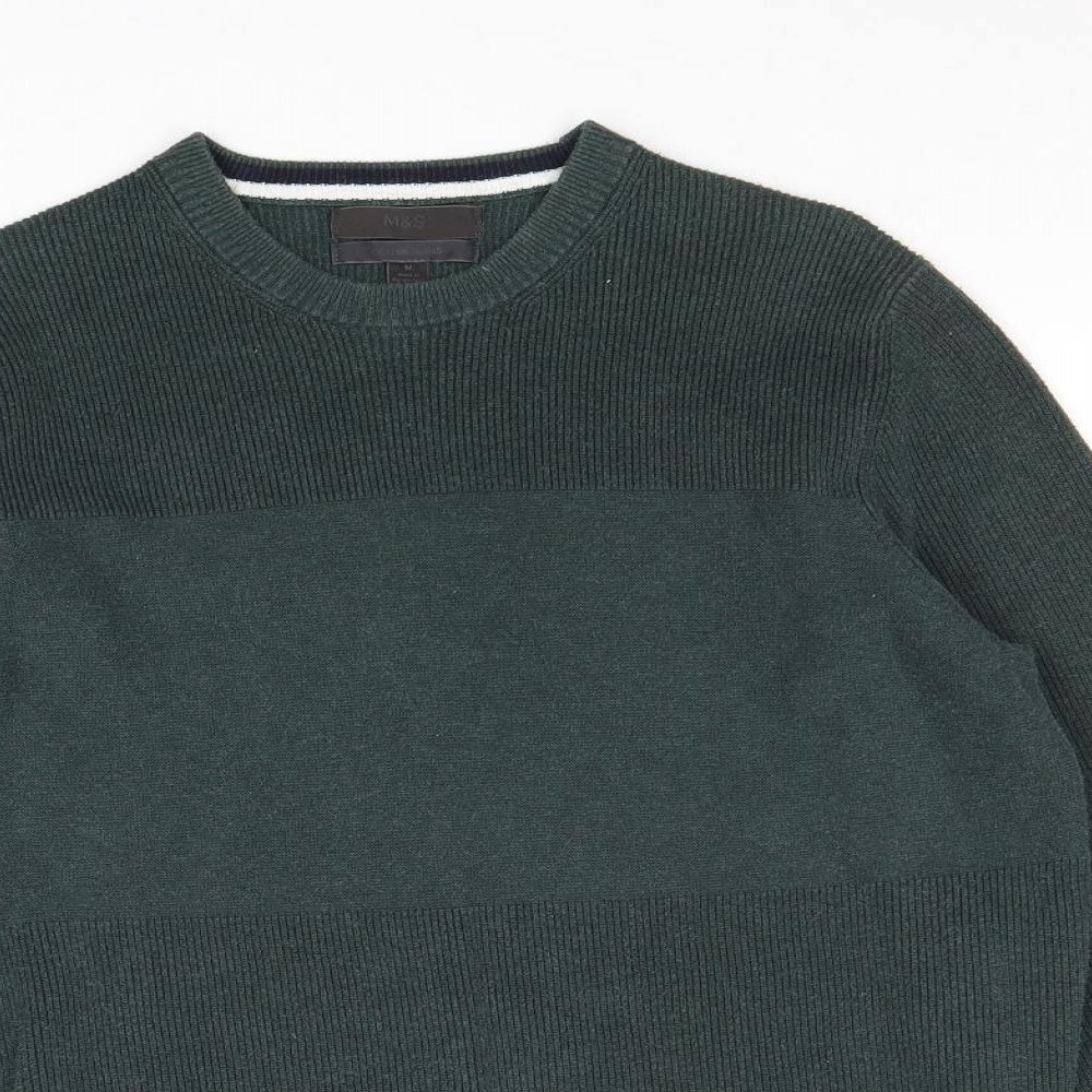 Marks and Spencer Mens Green Round Neck Polyester Pullover Jumper Size M Long Sleeve