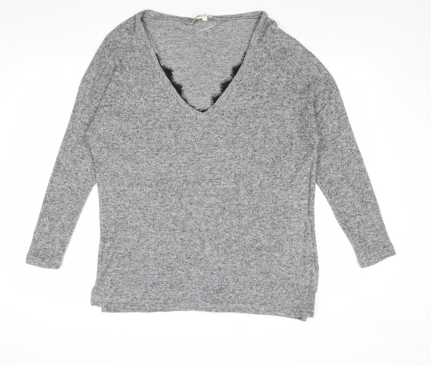 River Island Womens Grey V-Neck Polyester Pullover Jumper Size 14 - Lace Detail