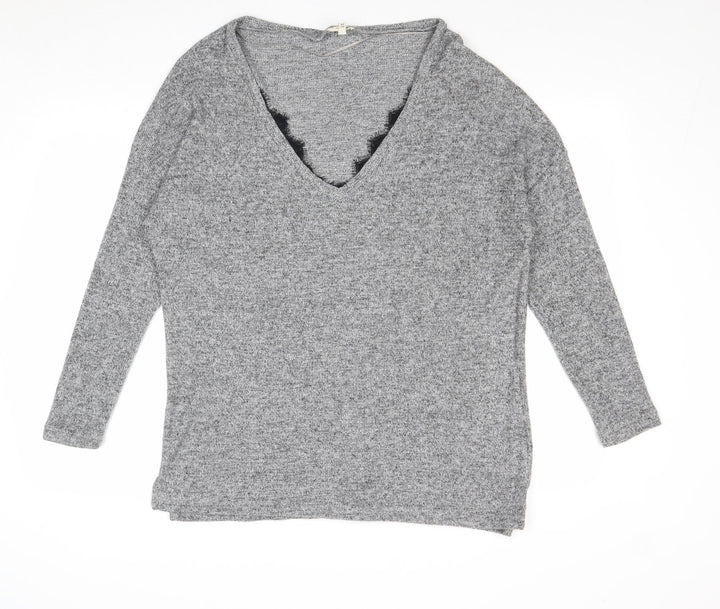 River Island Womens Grey V-Neck Polyester Pullover Jumper Size 14 - Lace Detail